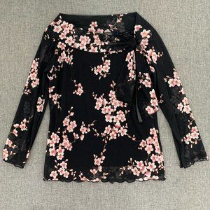Jessica Max Floral Black Blouse Long‎ Sleeve Mesh Material Tie on the side Neck
